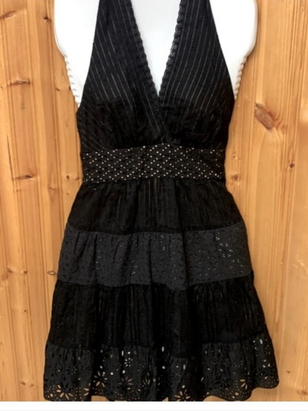 BCBGMaxAzria Black Halter Eyelet Tiered Mini Dress